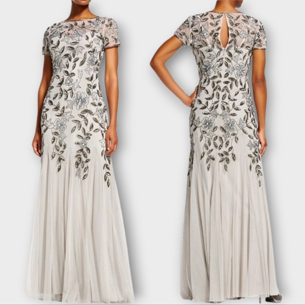 ADRIANNA PAPELL Gray Silver Beaded Sequins Godet Mesh Formal Maxi Ball Gown 10